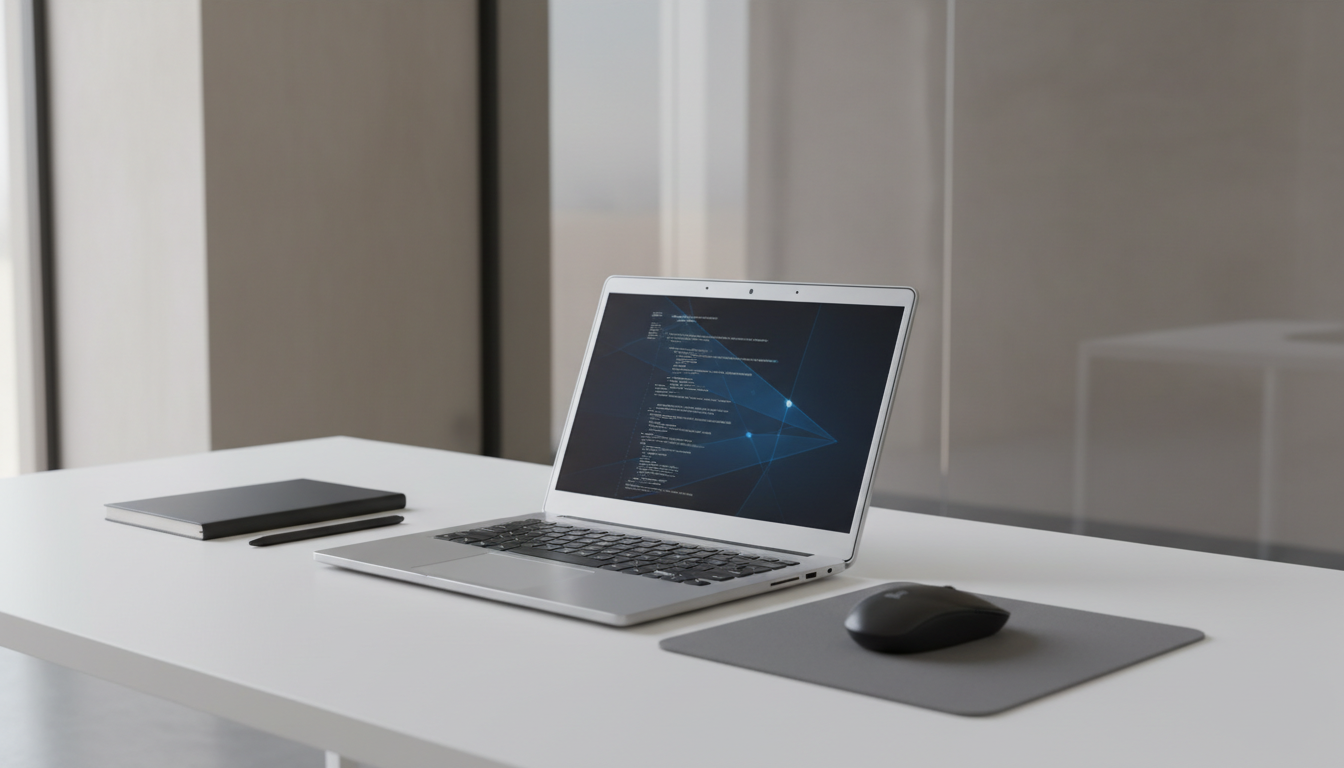 A sleek, modern workstation showcasing a high-performance laptop made of brushed aluminum with crisp beveled edges, set neatly on a pristine matte white desk with clean lines and uncluttered organization. The workspace is minimal, with a single black wireless mouse on a textured graphite mousepad and a slim, structured notebook to the side. Neutral-toned walls and glass partitions compose the background, with indirect natural light softly illuminating the scene and creating smooth, subtle highlights on metal and soft shadows for balance. Captured at a slightly elevated angle for a clear, comprehensive view, this image conveys a professional, efficient, and forward-thinking energy. The composition follows a rule-of-thirds layout with sharp focus throughout, emphasizing a photographic realism in a clean, corporate aesthetic appropriate for a software engineering enterprise site.